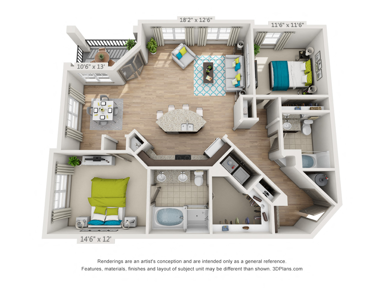 Floor plan for 2 beds, 2 baths, 1347 sqft